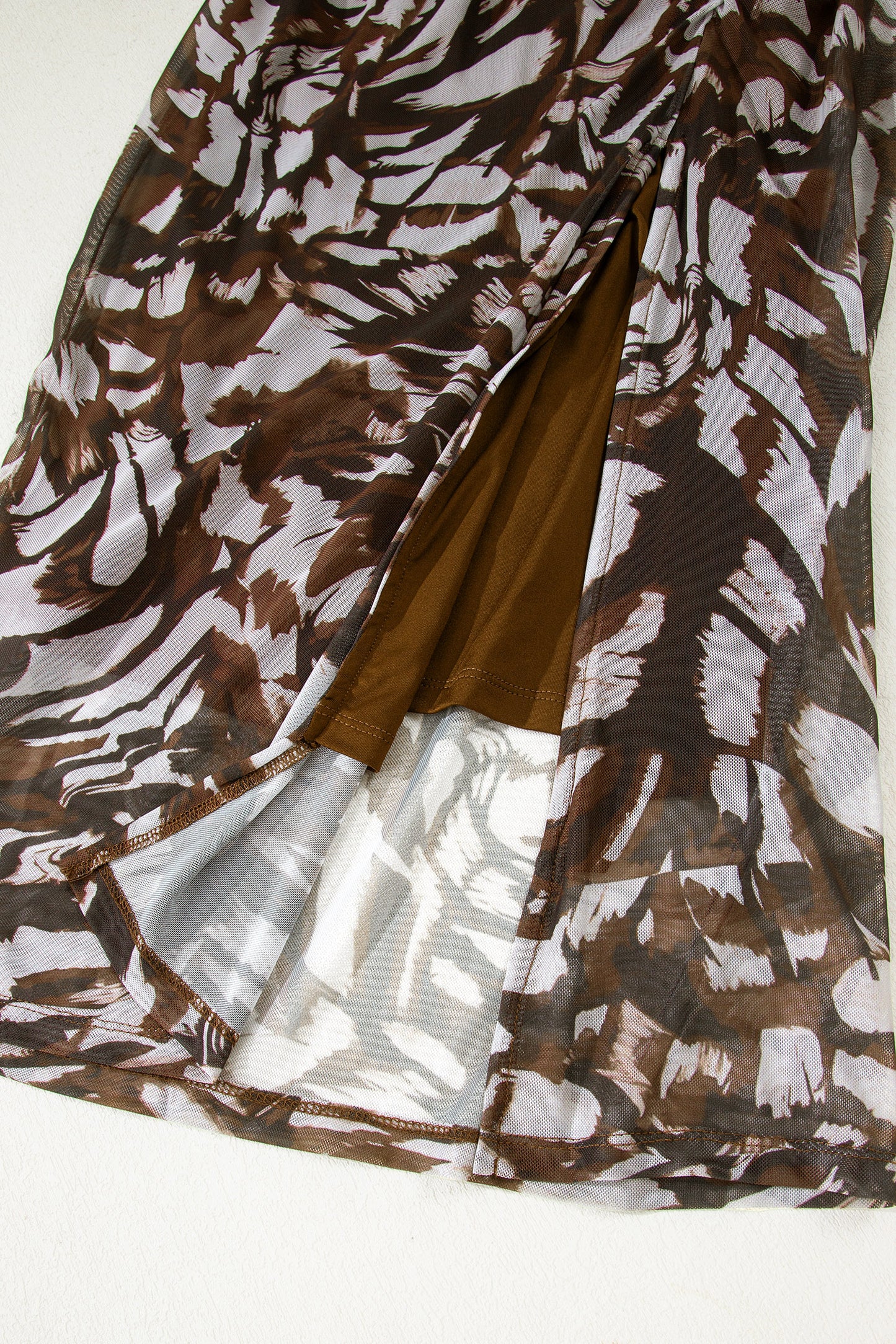 Brown Abstract Print Mesh Cowl Neck Cap Sleeve Ruched Midi Dress with Slit