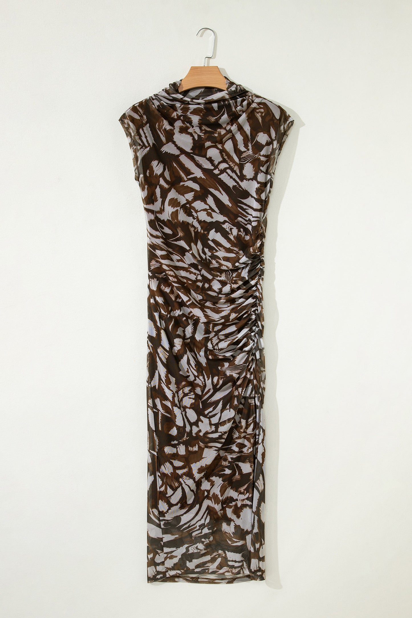 Brown Abstract Print Mesh Cowl Neck Cap Sleeve Ruched Midi Dress with Slit
